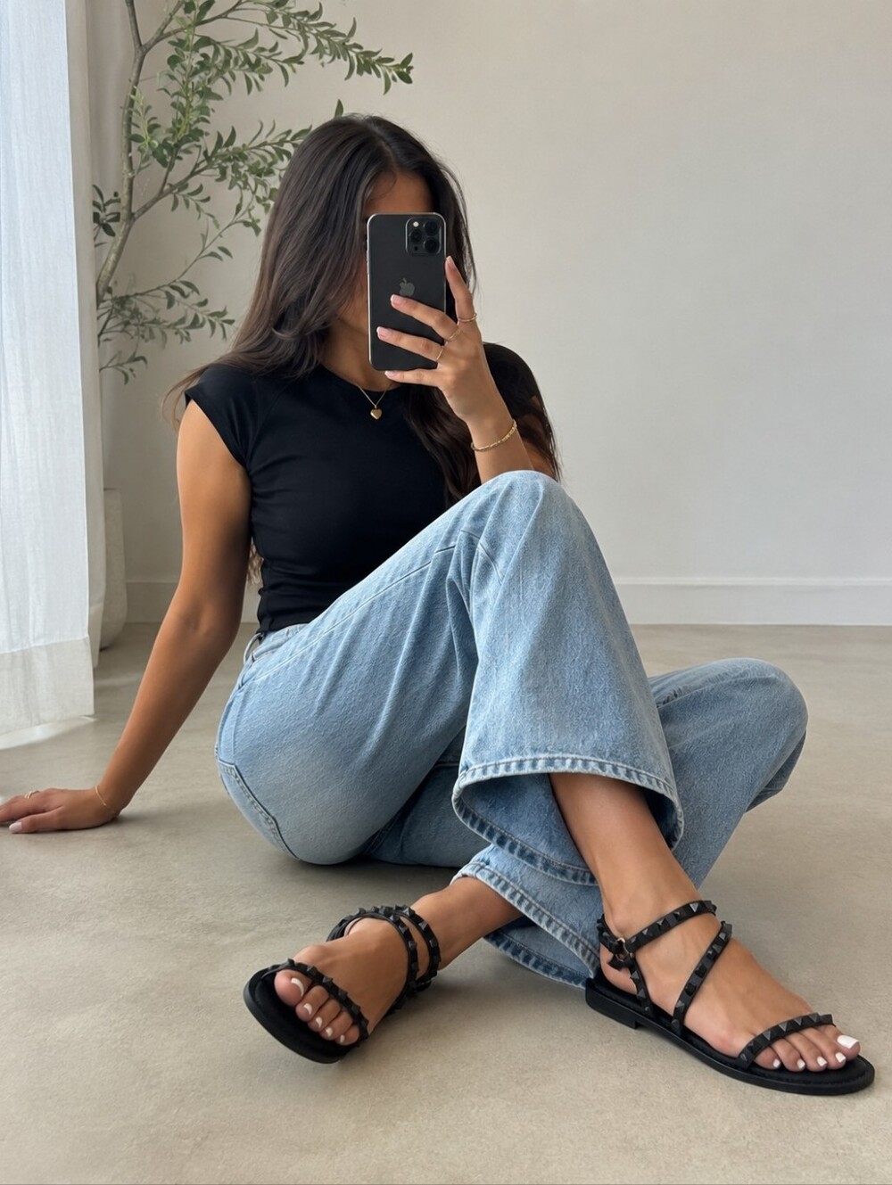 Lucky Brand Black Studded Strappy Flat Sandals